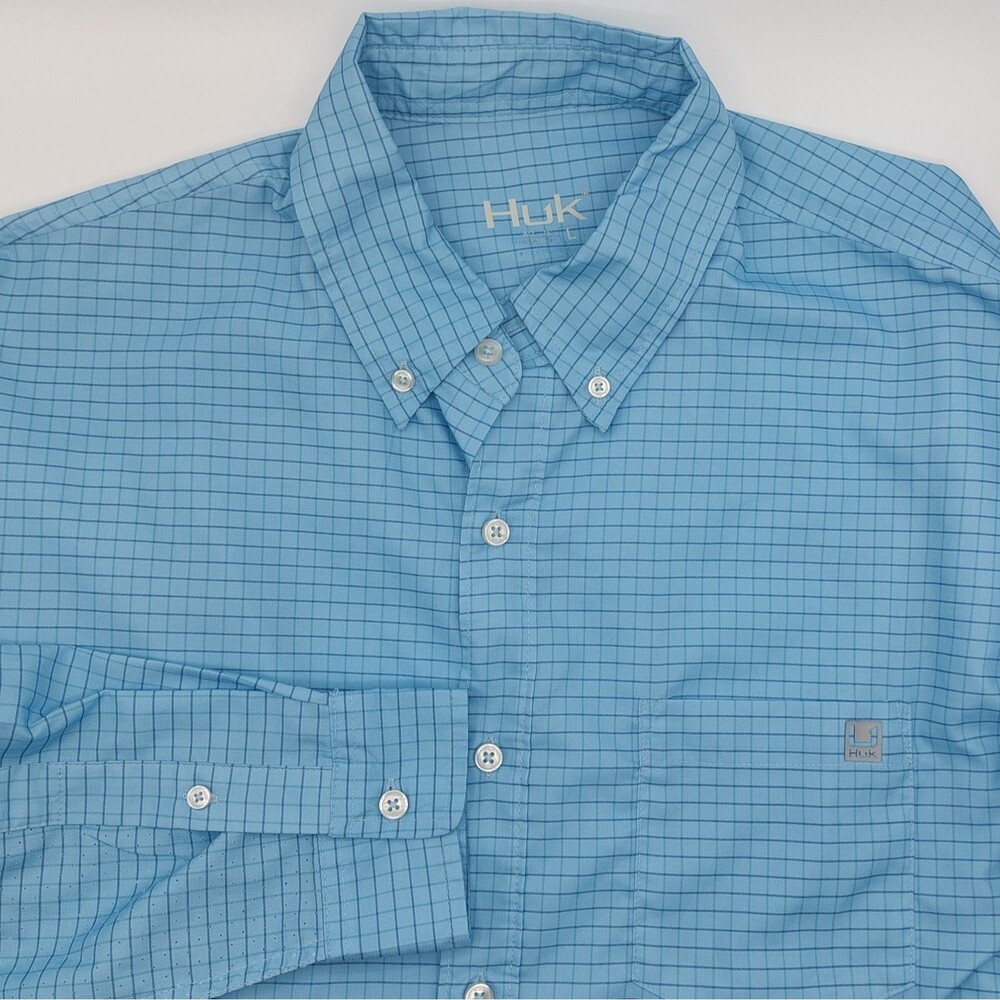 HUK Citadel Plaid Teaser Long Sleeve Shirt Men's Large Vented Roll Up Sleeves